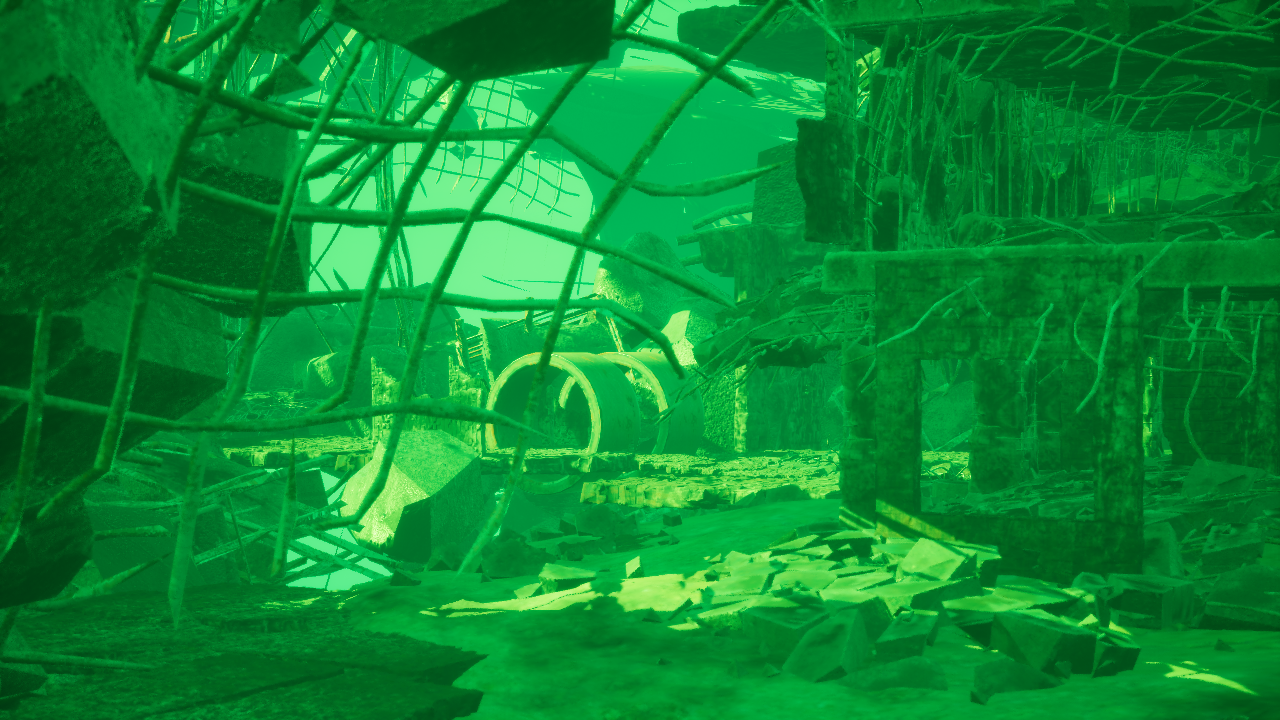 VR scene — twisted ribs of a destroyed structure